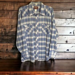Wrangler Western Pearl Snap Size 2X Big Shirt Single Back Yoke Blue White Plaid